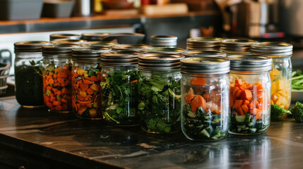 Various mason jars filled with a variety of fresh vegetables arranged neatly on a table.