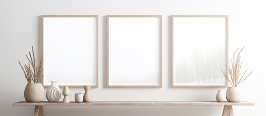 Sticker - Three empty picture frames are placed on a wooden table, surrounded by vases and various plants