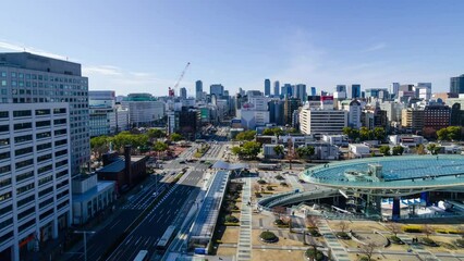 Canvas Print - aerial timelapse street road view among city center of Nagoya in Chubu region business district area