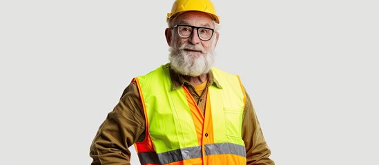 An elderly man wearing a bright yellow safety vest and a hard hat for protection at a construction site