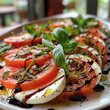 A close-up of a Caprese Salad with ripe red tomato slices layered with fresh mozzarella and vibrant basil leaves