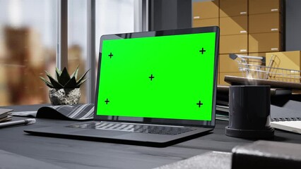 Wall Mural - Laptop Mock-Up black color on work desk with green screen. Coffee Cup with natural steam smoke animation seamless loop. Put the coffee mug on side. 3D Render.