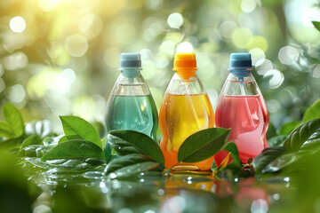 Wall Mural - Three bottles of different colored drinks are on a leafy green background