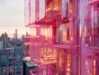 front image of a pneumatic inflatable pink plastic modern residential tower with large windows in New York with cantilever terraces realised by inflatable plastic modules