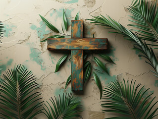 Poster - A wooden cross is placed on a wall with green leaves