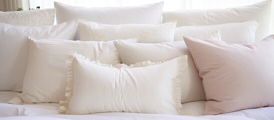 Canvas Print - A detailed close-up view of a comfortable bed adorned with crisp white pillows and a vibrant green plant