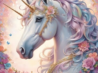  Whimsically enchanting unicorn, every stroke brims with magic and wonder: its mane cascading in shimmering pastel hues, its horn gleaming with an ethereal glow Generative AI