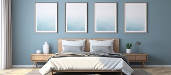 Poster - A digitally created room showcasing a comfortable bed, a nightstand, and three framed images on the wall