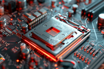 Poster - A processor with a red and silver design and a fire system on it