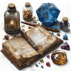 Wall Mural - Captivating Close-Up of D20 Dice Amidst Wizard's Arsenal: Spellbook, Wand