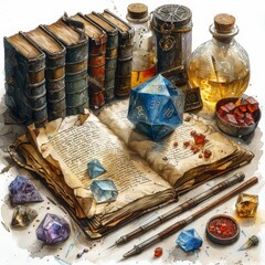 Wall Mural - Spellbinding D20 Dice and Wizard's Instruments: Spellbook, Wand, and Laboratory Equipment in Silver and Gold Tones for Wall Art Studio