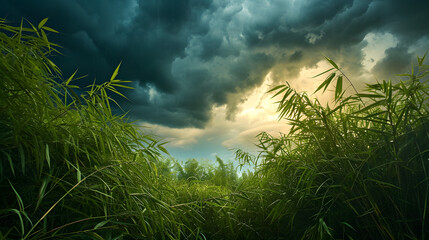 Wall Mural - the drama of storm clouds over lush bamboo groves, conveying the intensity of a tropical tempest