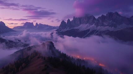 Poster - Mountains in fog on beautiful autumn night in Dolomites, Italy, landscape with alpine mountain valley, low clouds, forest, purple sky with stars, city lights at sunset, Passoggio aerial view