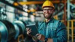© ttonaorh - Experienced engineer in hard hat using a tablet, standing in an industrial plant with machinery in the background