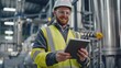 © ttonaorh - Experienced engineer in hard hat using a tablet, standing in an industrial plant with machinery in the background