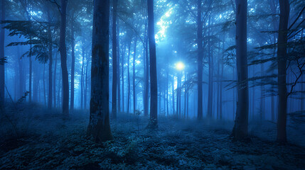 Wall Mural - mystical forest shadows during the vibrant blue hour, creating an otherworldly atmosphere in woodlan