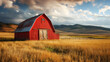 Long-distance photograph of a red barn in a farm. Generative AI.