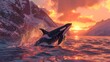 Killer whale aka Orca jumping from the water at sunset. Ai generated