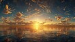© paryati - High resolution HDRI environmental map at sunrise, spherical panorama, dark golden sky over calm water. 3d background