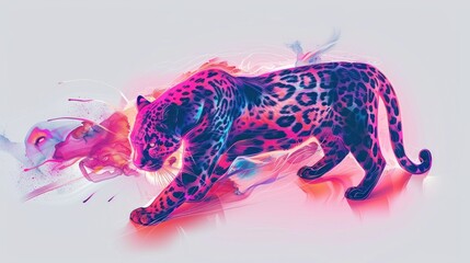 Digital painting of a black panther with Neon Glitch art, on a white background. Generative AI