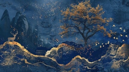 front view dark blue wallpaper mural of a contemporary era christmas tree, mountains, reindeer, bird