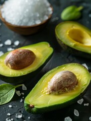 A ripe avocado with a buttery green interior sprinkled with sea salt, paired with a wooden bowl of salt crystals, presents a fresh culinary moment on a dark, textured surface.