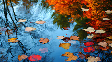 Wall Mural - autumn leaves reflecting on still waters. the colors and patterns can create a double-layered visual