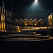 Alcohol warehouse. Many wooden barrels with alcohol in a dark warehouse. Generative AI