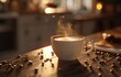A steaming coffee cup sits amidst scattered beans with warm lights in the blurred background, creating a cozy atmosphere