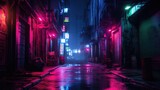 Fototapeta Londyn - Dark street in cyberpunk city, gloomy alley with neon lighting