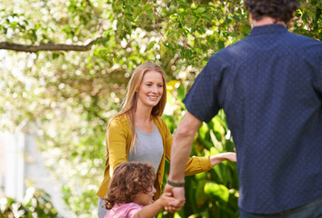 Sticker - Happy family, holding hands and child dance outdoor or play game in summer together in a circle at park. Ring a rosy, smile and kid in garden on holiday, vacation and bonding with mother in nature