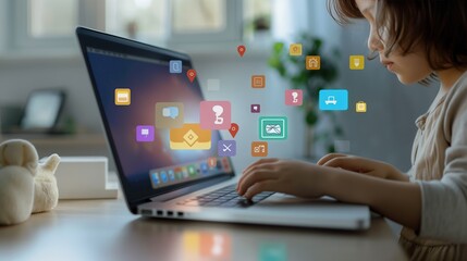 A little boy sits at a laptop and studies world technologies, studies and communicates with friends using the Internet	at home. Internet addiction