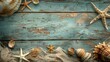 Beach accessories on blue vintage wooden backgrounds 