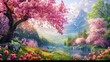 A cherry blossom branch is blooming in a beautiful nature scene with a natural floral background of