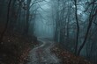 Misty forest path in autumn, with a mysterious ambiance and leaves covering the ground, invoking a sense of solitude.

