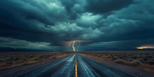 Deserted Desert Highway Amidst Heading Towards The Stormy Tornado, Driving On A Road With Lightning And Fields Of Crops  In The Background, Dramatic Storm Clouds Loom Over An Endless Highway