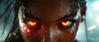 Futuristic portrait of a man with glowing red eyes and wet skin.