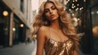 © Usman - woman with blond hair in golden dress. Festive gold glitter vibes, luxury and premium street style