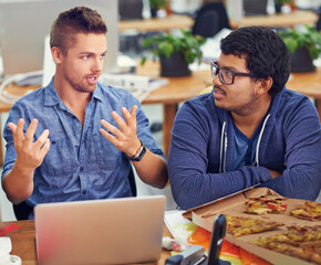 Poster - Business people, teamwork and pizza for creative planning, ideas and training or advice on laptop in workspace. Graphic designer or men on computer with fast food, collaboration and startup office