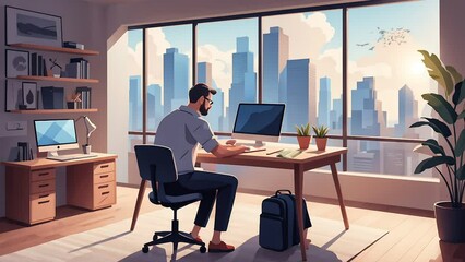 A man sits at his desk workplace using his personal desktop computer working online program in work at home concept