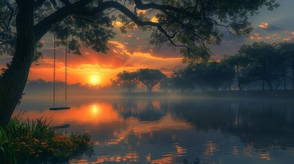 Wall Mural -  The sun sets behind a lake, swing, and tree in the foreground
