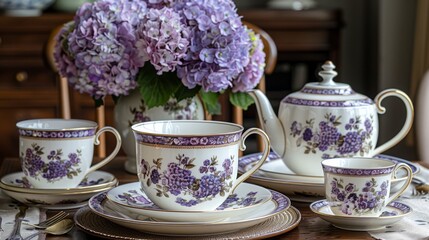  A tea set sits on a table, surrounded by two vases of purple flowers