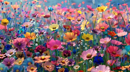 Canvas Print - Vibrant field of colorful flowers, blossoming nature scene. perfect for greeting cards and backgrounds. exquisite beauty captured in spring. AI