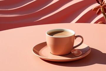 Red coffee cup on wooden table over red grunge background。