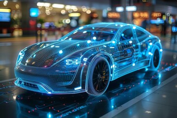 Wall Mural - A futuristic car model highlighted with digital overlays in a modern vehicle design studio.