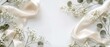 Styled stock photo Feminine wedding desktop mockup with baby's breath Gypsophila flowers, dry green eucalyptus leaves, satin ribbon and white background Empty space Top view Picture for blog