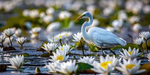  Lotus Flower and White Crane on Pond Surface
