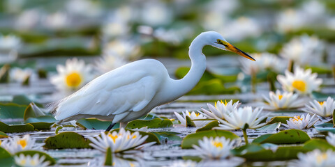  Great Egret standing in sea of lily pads