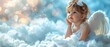 Baby Angel Wings, Angelic Cupid Kid, adorable girl Child sitting and posing at Blue Sky Cloud, with copy space