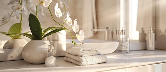 Wall Mural - A pristine bathroom featuring a white sink, complemented by a delicate vase of colorful flowers as a decorative touch